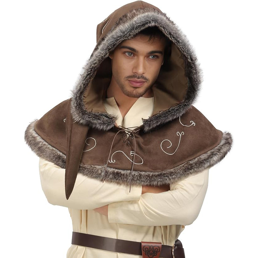 Medieval Cowl Hood Faux Suede Winter Burr Cape Elven Cloak Cosplay Costume