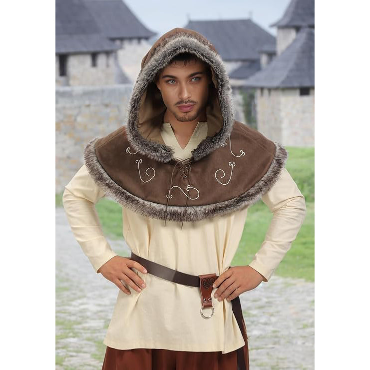 Medieval Cowl Hood Faux Suede Winter Burr Cape Elven Cloak Cosplay Costume