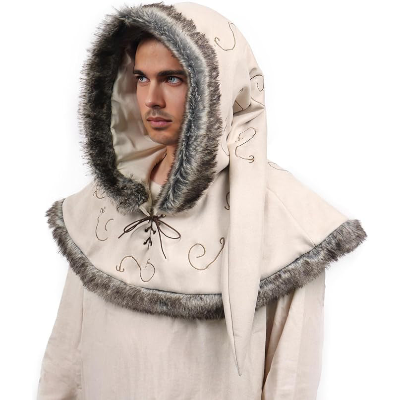 Medieval Cowl Hood Faux Suede Winter Burr Cape Elven Cloak Cosplay Costume