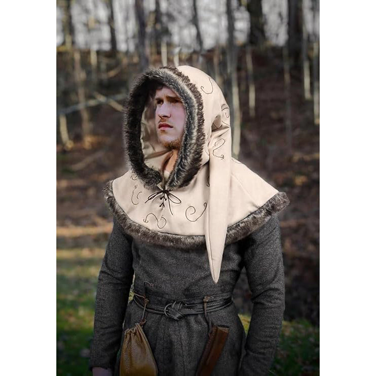 Medieval Cowl Hood Faux Suede Winter Burr Cape Elven Cloak Cosplay Costume